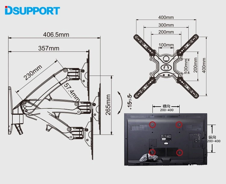 NB F400 газовая стойка 5"-60" светодиодный ЖК-телевизор настенный держатель для монитора с полным движением нагрузка на руку: 22-55lbs(15-23kgs) серебристый черный