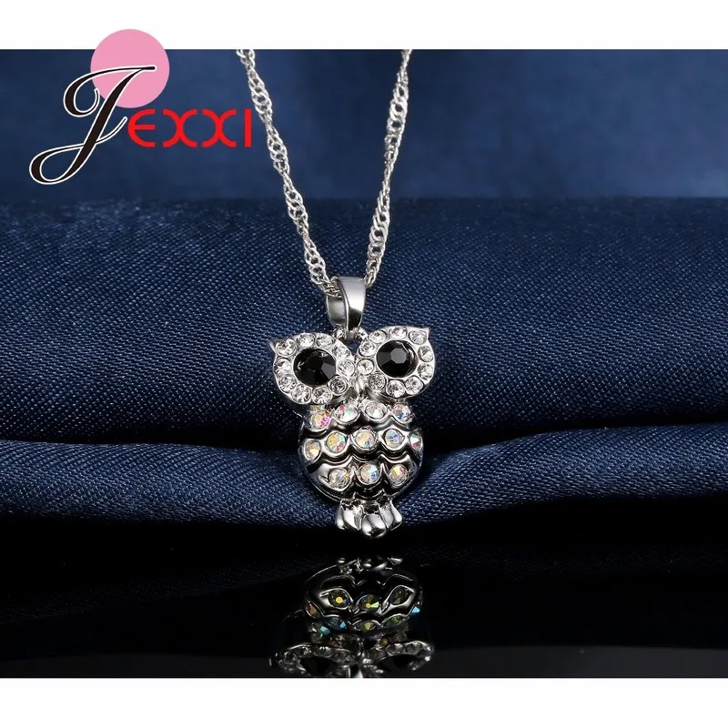 Очаровательный Модный набор украшений для женщин 925 пробы серебро австрийский кристалл ожерелье серьги милая сова кулон цветной камень