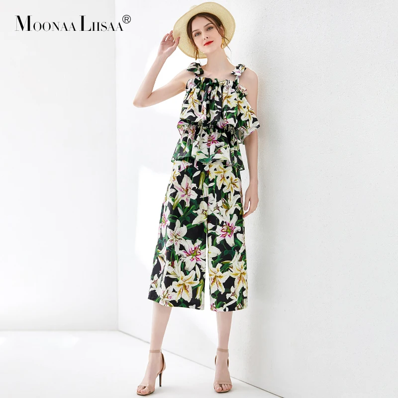 

Moonaa liisaa fashion suit for women new 100% cotton lily print suspenders + versatile wide leg pants two-piece suit for summer