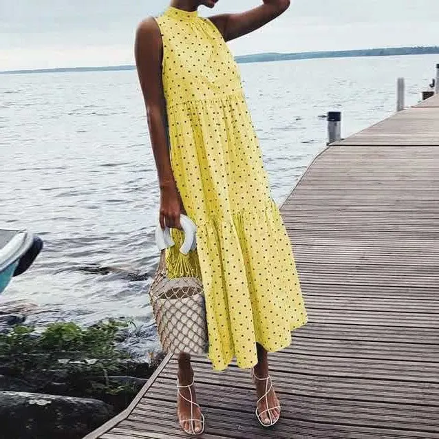 

2019 Women Polka Dot Summer Casual Loose Bohemian Maxi Dress Sexy Boho Beach Dresses Ruffles Vintage Vestidos