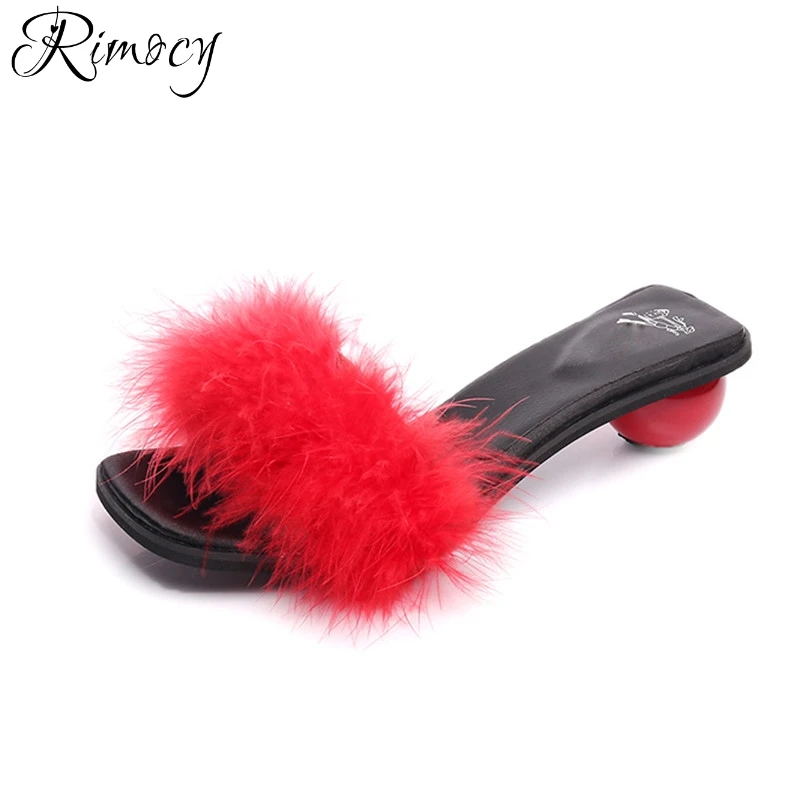 

Rimocy red ball bottom women real fur slippers 2017 brand design 6 color open toe sandals shoes woman casual creepers flip flops