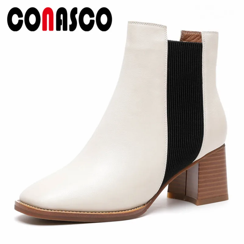 

CONASCO Elegant Women Ankle Boots Square Toe Genuine Leather Office Pumps Sexy Patchwork High Heels Autumn Winter Basic Boots