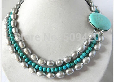

~~ Free Shipping >3Strands 18'' Round Turquoise & 10mm Gray Freshwater Pearl Necklace
