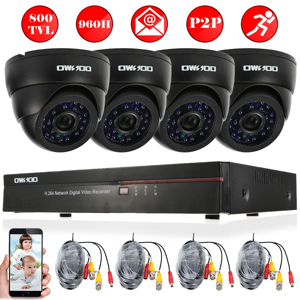 OWSOO 800TVL камера видеонаблюдения системы безопасности Полный 960 H/D1 4CH DVR HDMI P2P сети 4 шт. PnP ИК купольная камера комплект Евро