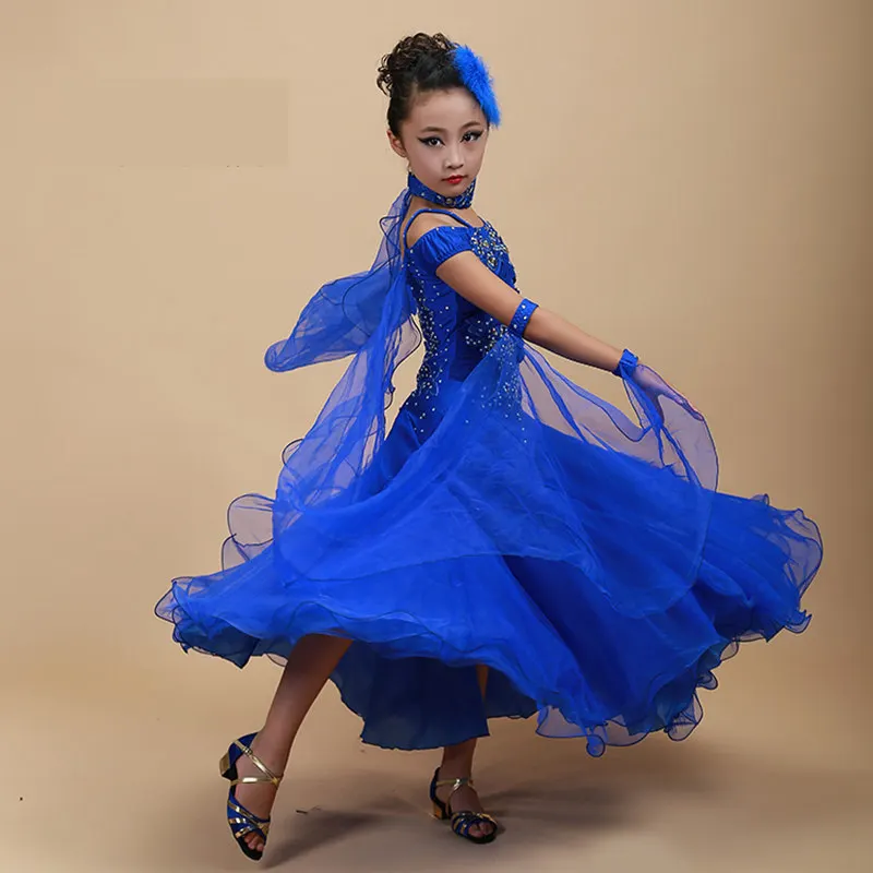 Детские стандартные платья для конкурса бальных танцев, вальса/Танго, платья для детей, распродажа, костюмы для джазовых танцев для девочек - Цвет: Синий