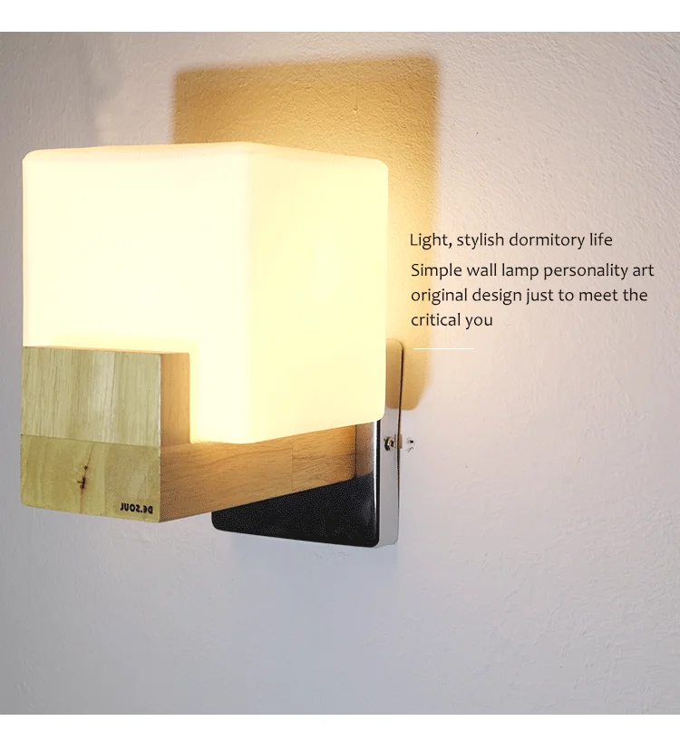 DE.SOUL Japan Style Modern Oak Wood Wall Lamps Cube Sugar Lampshade Bedroom Bedside Wall Light Home Wall Sconce 110-220V_04