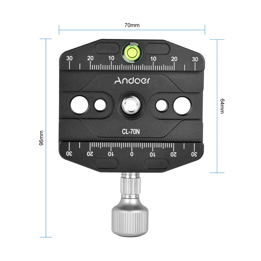 Andoer CL-70N алюминиевый сплав 70 мм быстроразъемный QR Plate Clamp 3/8-inch w/1/4-inch Adapter& Bubble Level для Arca Swiss Benro