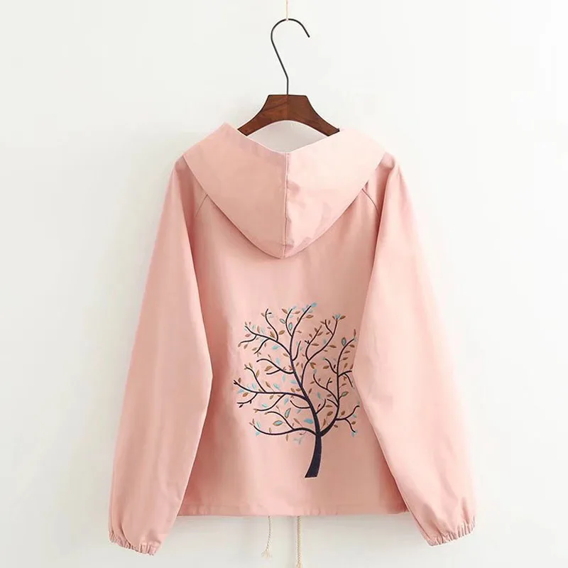 

Pink White Thin Jackets Women Spring Long Sleeve Coat Japan Style Jacket With Hooded Tree Pattern Embroidery Schoolgirls Outwear