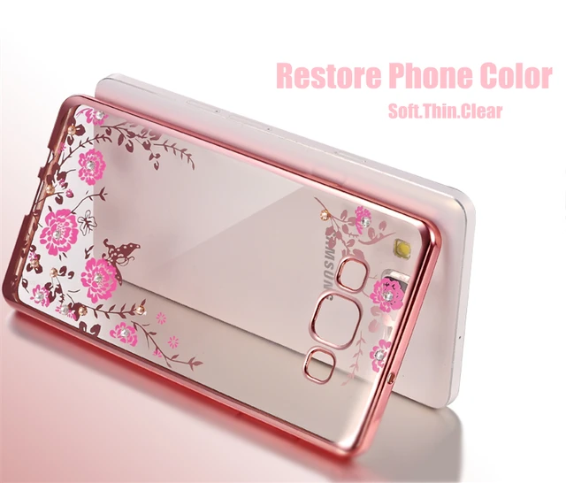 Fashion Case For Samsung Galaxy A3 A3000 A5 A5000 A7 A7000 2015 C10 Plating Cover Rhinestone Soft TPU cute Flowers Phone Case