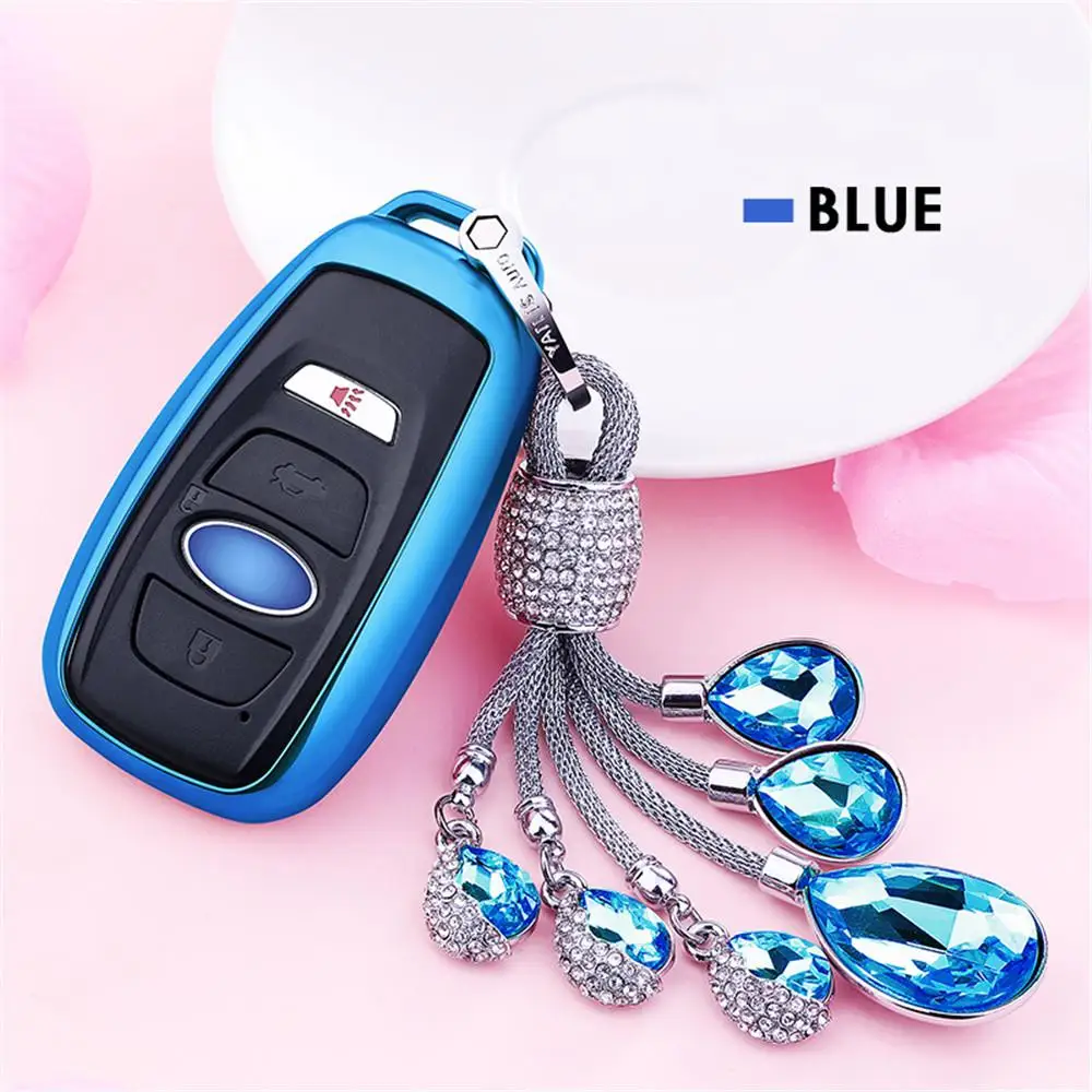 ТПУ для Subaru Автомобильный ключ цепочка на клапане чехол для автомобиля ключ чехол для Subaru Forester Ouback Legacy XV Автомобильный ключ оболочки брелок аксессуары - Название цвета: Blue and keychain