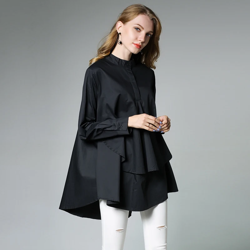 

2019 New design plus size women A-line blouse high and low asymmetrical fashion women's loose shirt black white color big size