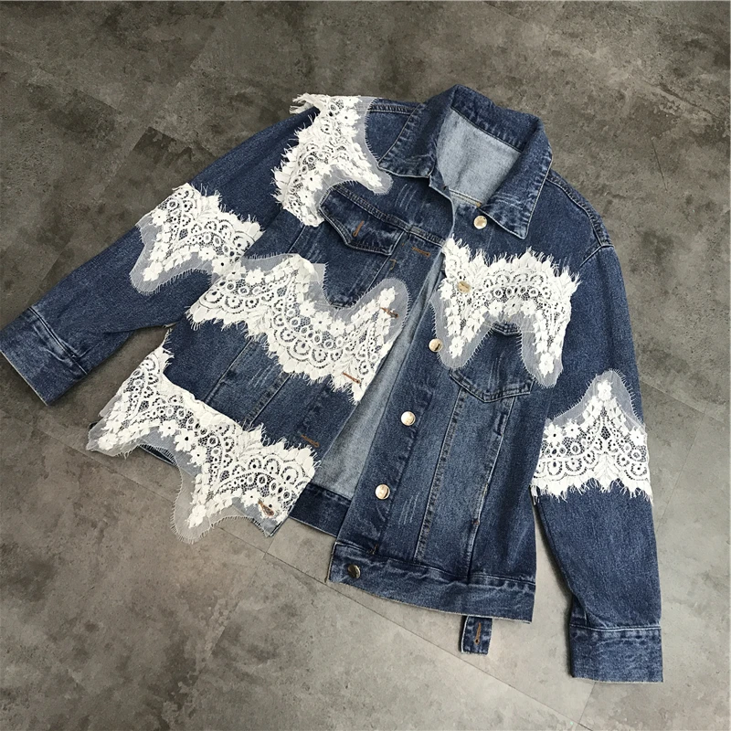 Femmes Dentelle Base Hiver Déchiré Veste De Manteau Casual Vestes Automne 2018 Jean Survêtement Patchwork Vintage Denim RggrIz