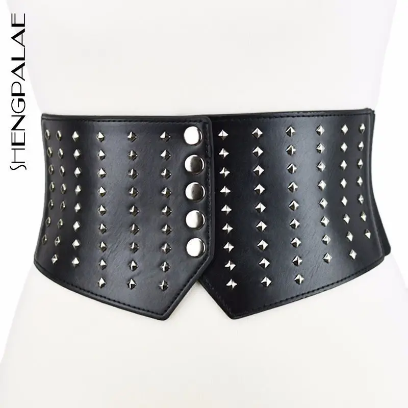 

SHENGPALAE New Spring 2019 Fashion Retro rivet buckle decorative crocodile pattern high quality PU wide belts women QD346