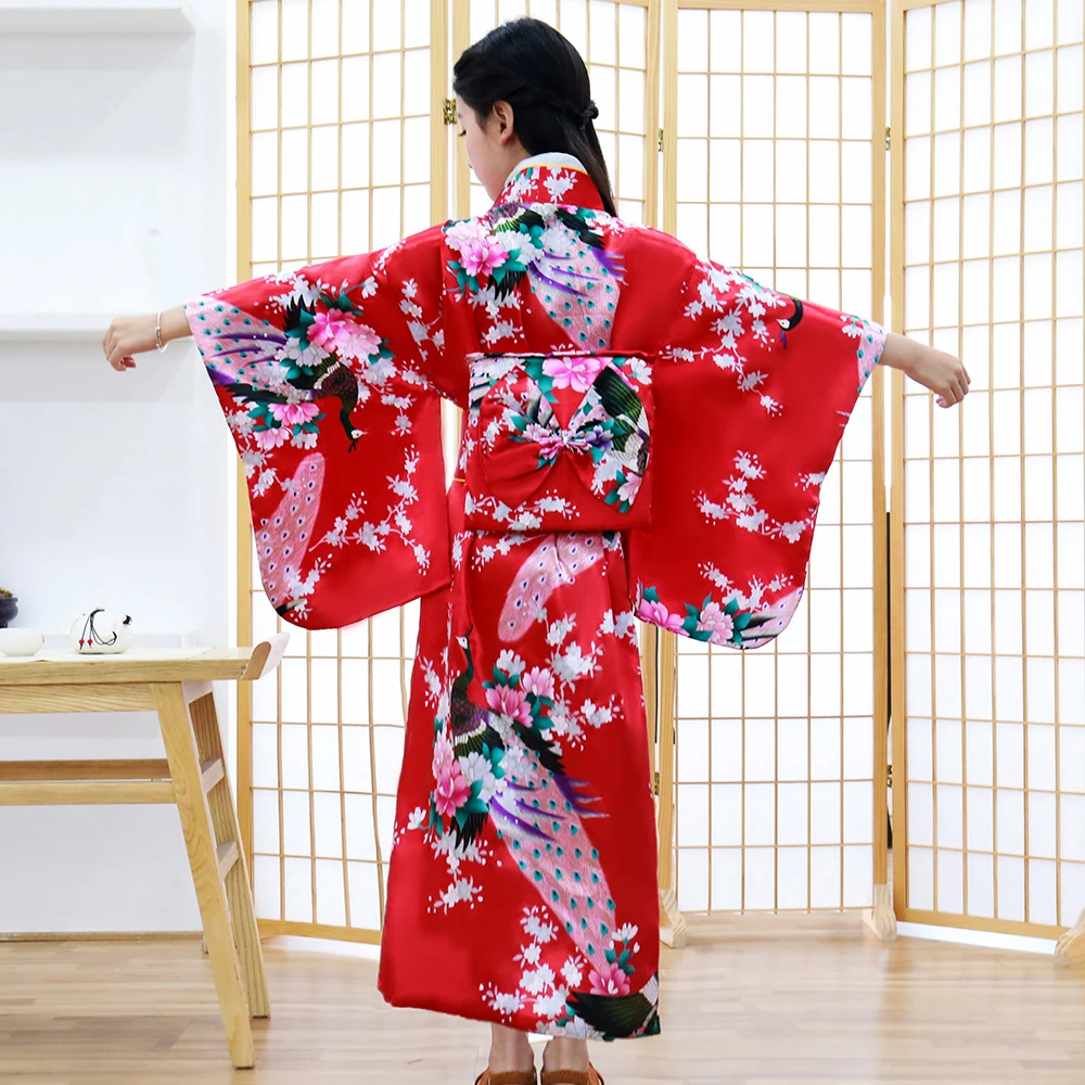 Традиционное японское кимоно красный юката чувство одежда с Оби Хэллоуин косплэй костюм классический печатных Павлин платье для девочек