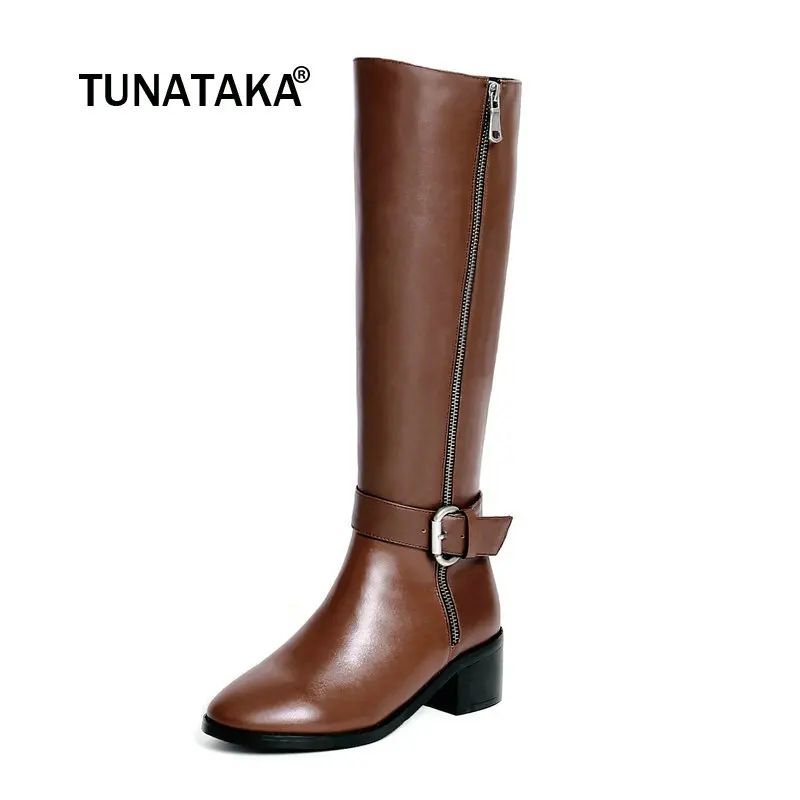 

Ladies Genuine Leather Side Zipper Comfortable Square Heel Knee High Boots Fashion Buckle Winter Shoes Black Brown