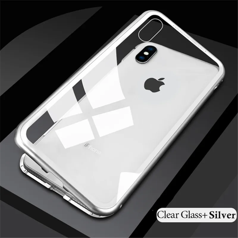 Metal Magnetic Case for iPhone X 7 8 XS MAX XR 6 Metal Bumper+ Back Tempered Glass Cover for Samsung S10 Plus S9 S8 Note 9 8 - Цвет: Silver-Clear