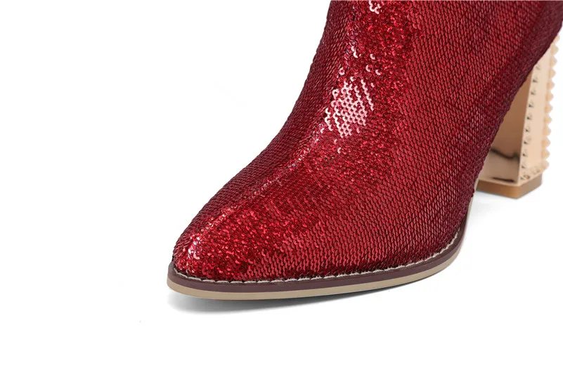 Meotina Winter Mid Calf Boots Women Slim Stretch Zipper Square Heel Boots Luxury Glitter Super High Heel Shoes Lady Fall Red 39