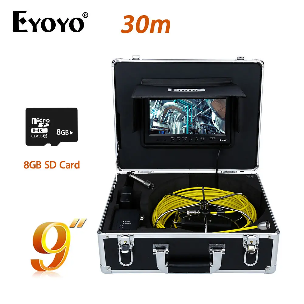 

Eyoyo WP90A9 9"LCD 30M 17mm 12PCS White LED Sewer Pipe Pipeline Camera Drain Inspection Cam With Free 8GB Card Support AV Output