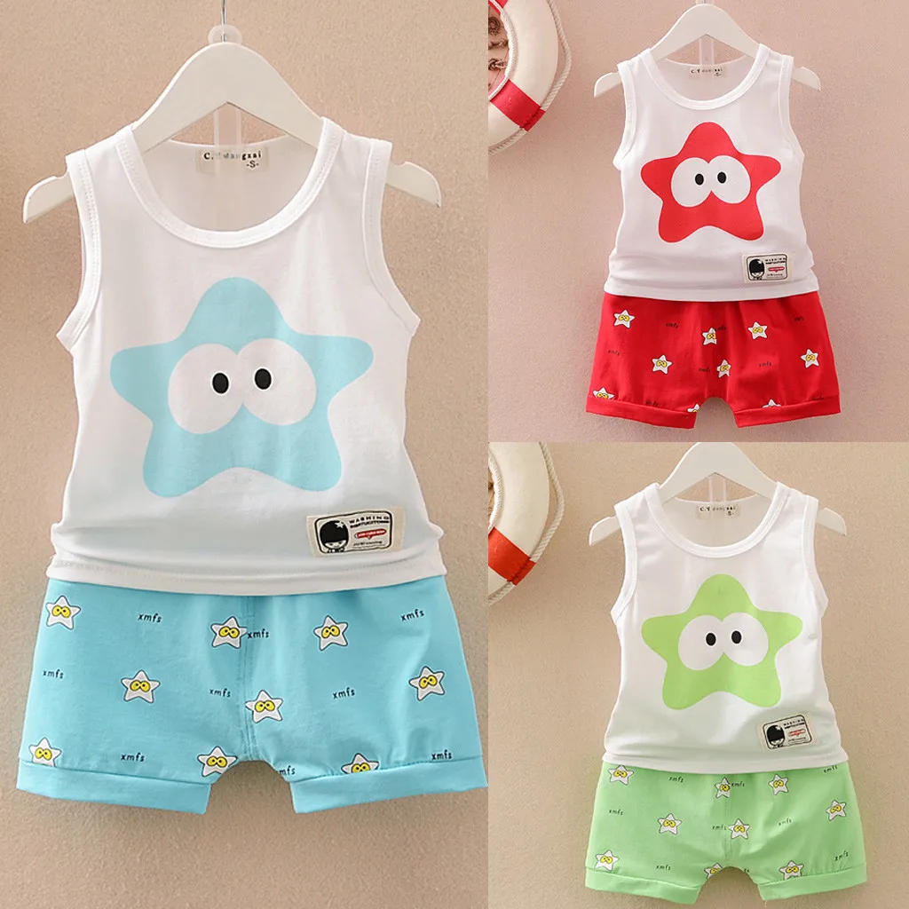 

Infant Baby Kid Girl Boy Cartoon Printed Vest Shirt+Shorts Outfits Set