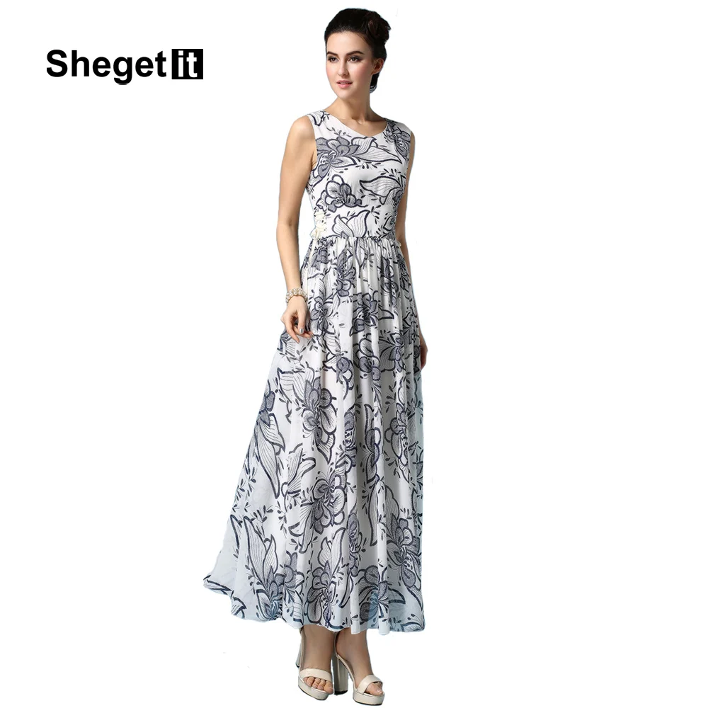 2017 Summer Casual Women Chiffon Flower Print Maxi Dress Beach Party