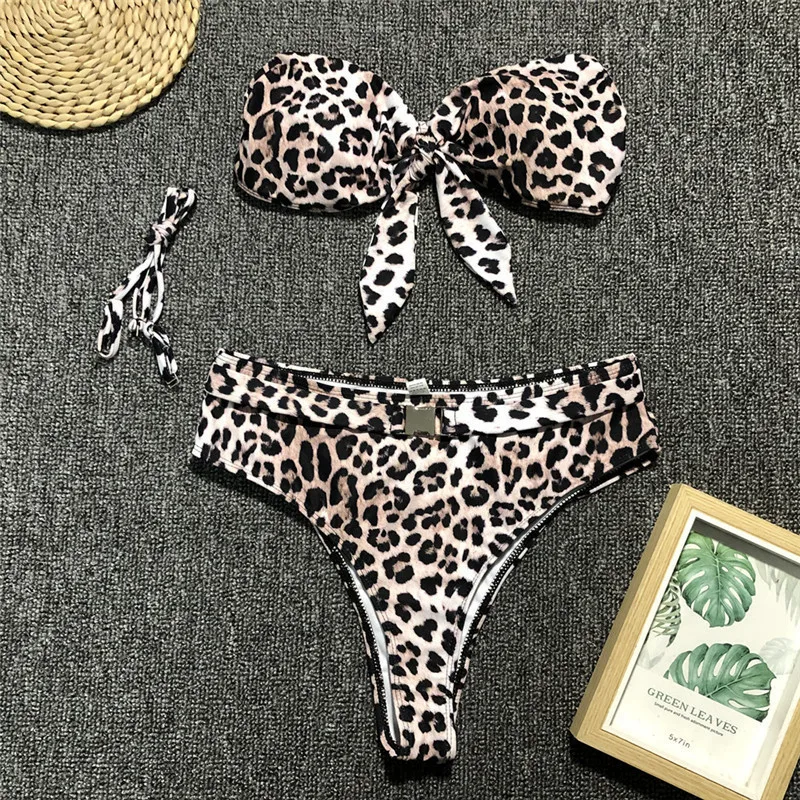 Knoted Bikini 2019 Sexy serpiente leopardo traje De baño mujeres traje De baño Bandeau Bikini cintura alta De Maillot De Bain Femme