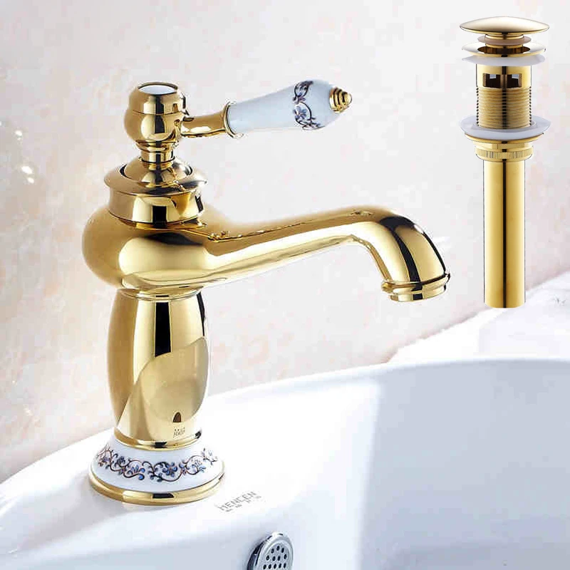 Luxury Washing Basin Mixer Tap Brass Golden Ceramic Handle Bathroom