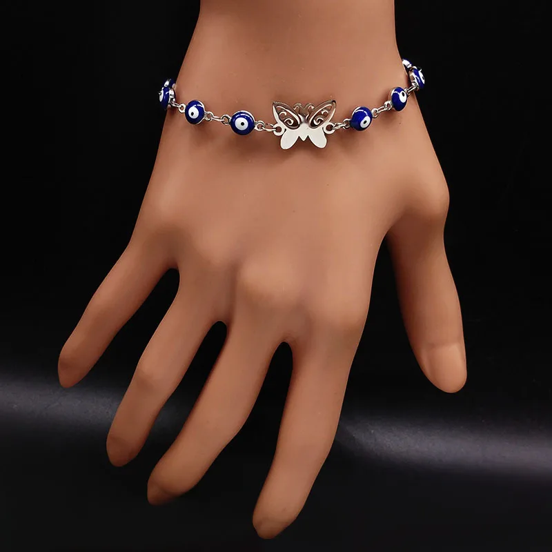 Серебряная бабочка очаровательыне нержавеющие браслет для Для женщин синий браслет evil eye ювелирные изделия Женская бижутерия в подарок B17912