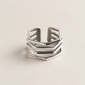 

retro Authentic S925 Sterling Silver FINE Jewelry Black stone SET open Multi-layers Irregular Lines Long Ring adjust TLJ569