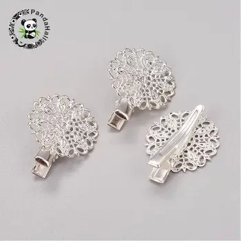 

Iron Alligator Hair Clip Findings, with Brass Flower Tray, Silver, 25x32x10mm