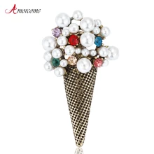 Amorcome мороженое Броши для женщин Свадебная вечеринка ювелирные изделия модный металлический, Кристальный искусственный жемчуг брошь на воротник булавка для женщин