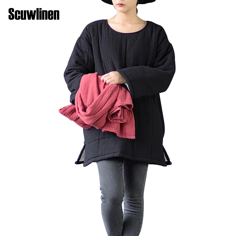 

SCUWLINEN 2019 Winter Women Dress Solid Grid 0-neck Thickening Loose Quilted Dress Casual Plus Size Cotton Sweatshirts S269