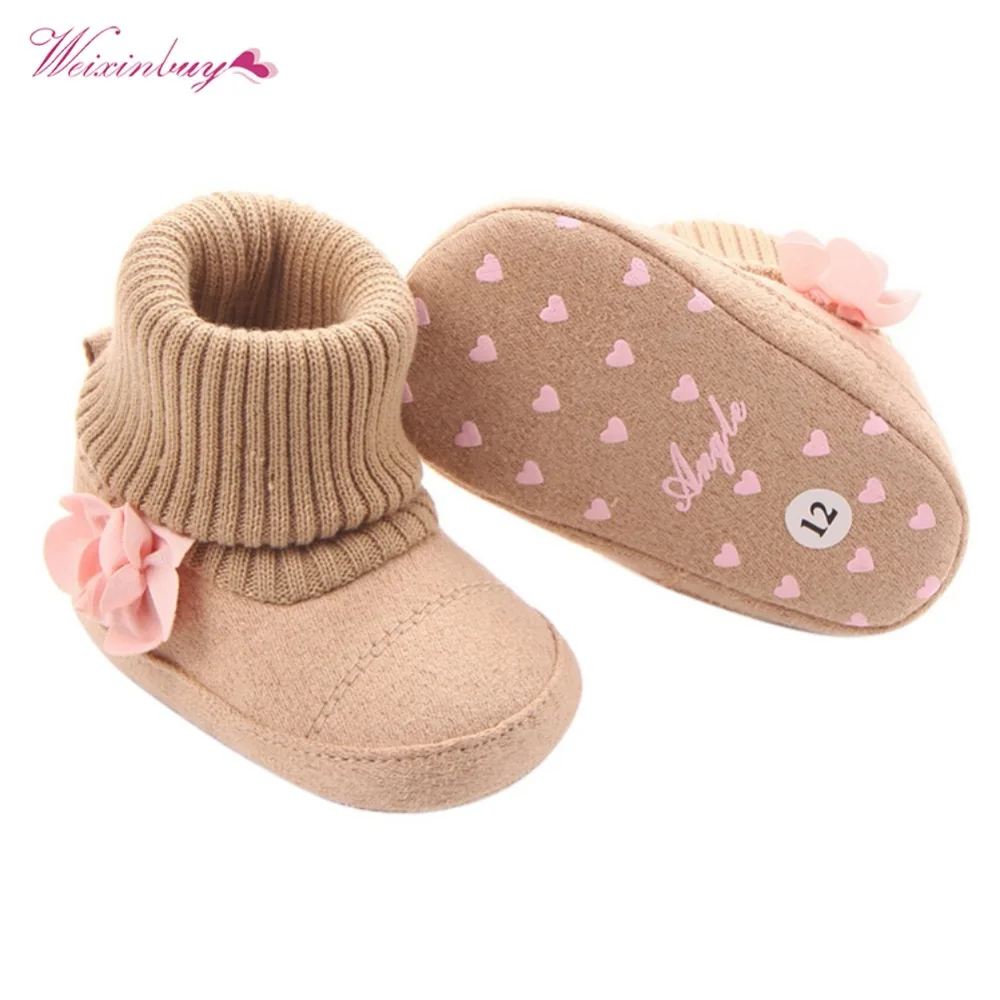 WEIXINBUY/Обувь для маленьких девочек; вязаные зимние ботинки для малышей; очень теплые ботинки с цветочным принтом для новорожденных и малышей 0-12 месяцев