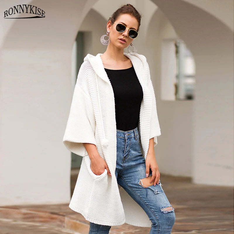

RONNYKISE 3 Color Hooded Cardigans Womens Clothes Fashion Fringe Cap Rope Loose Knitted Sweaters Autumn and Winter Warm Sweaters