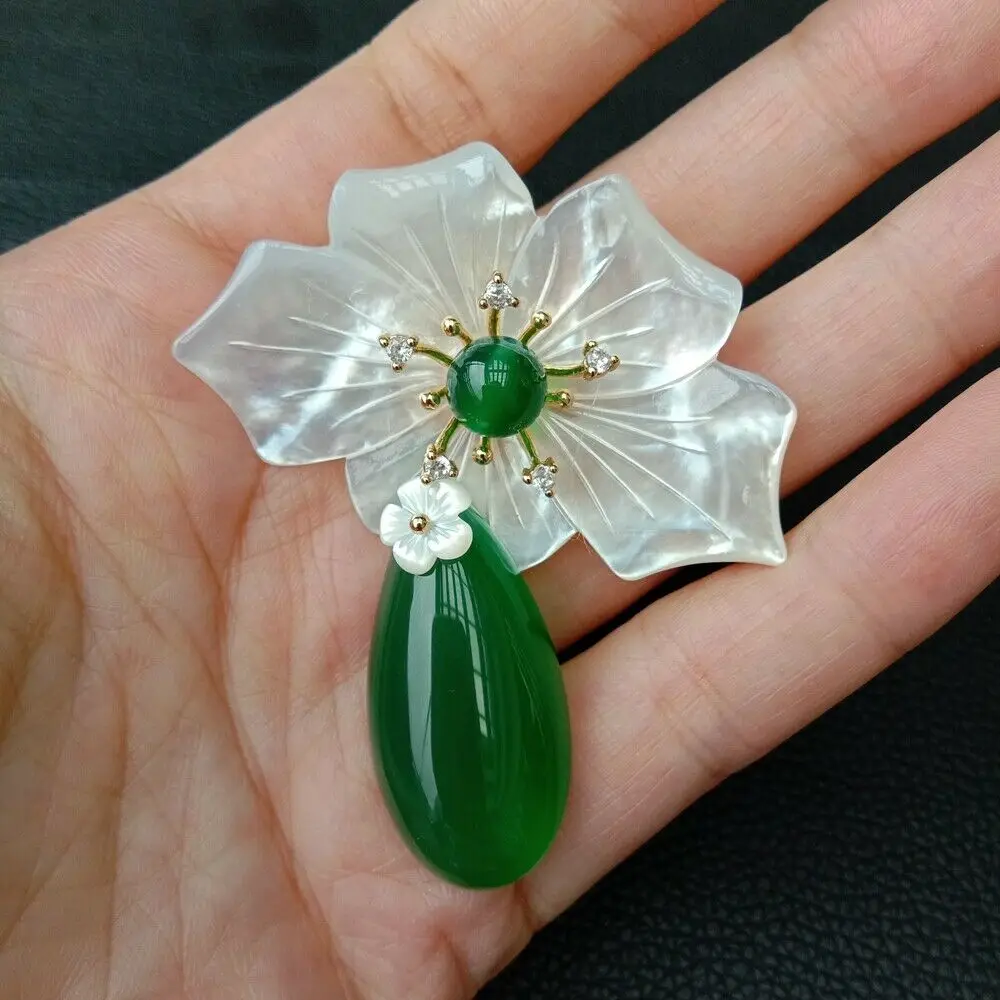 

Mother-Of-Pearl Shell Green FlowerStone Teardrop Pin Brooch