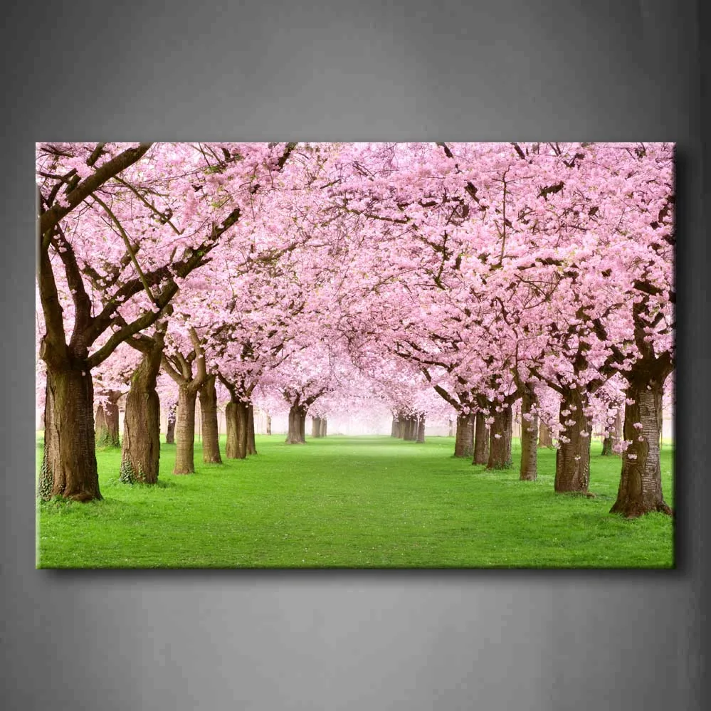 

Framed Wall Art Pictures Garden Cherry Trees Lawn Canvas Print Landscape Modern Poster With Wooden Frame For Living Room