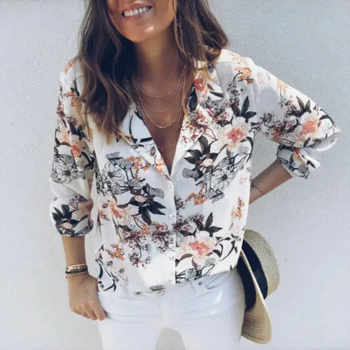 

Fashion Womens Boho Floral Print Long Sleeve Baggy Blouse Loose Tops Casual V Neck Shirts