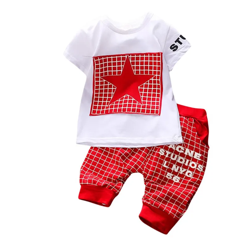 Комплекты для малышей из 2 предметов комплект из клетчатых штанов с короткими рукавами и буквенным принтом в виде звезд для маленьких мальчиков и девочек, одежда для маленьких девочек,# BL5 - Цвет: Красный
