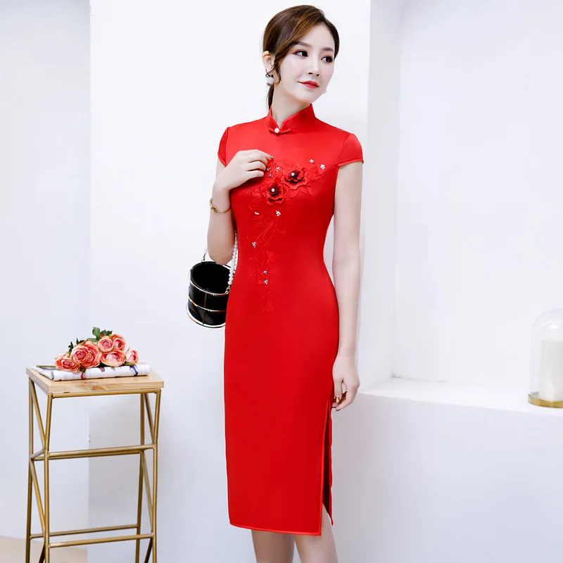 Новинка китайский красный для женщин Cheongsam элегантный вышивка цветок Qipao одноцветное цвет короткий рукав китайское платье плюс размеры M-4XL