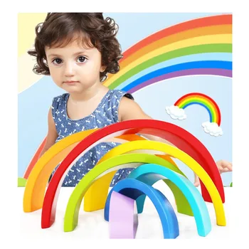 

Wooden Rainbow Stacking Game Stacker Learning Toy Geometry Building Creative Nesting Educational Toys for Kids Baby Toddl