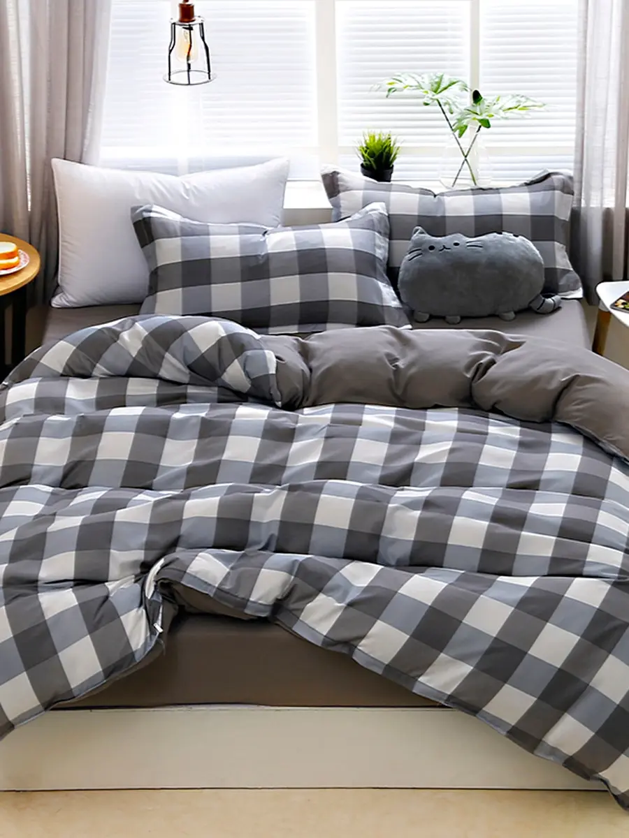 

3/4Pcs Home Linen Set Plaid Pattern Color Block Vintage Style Soft Beddings