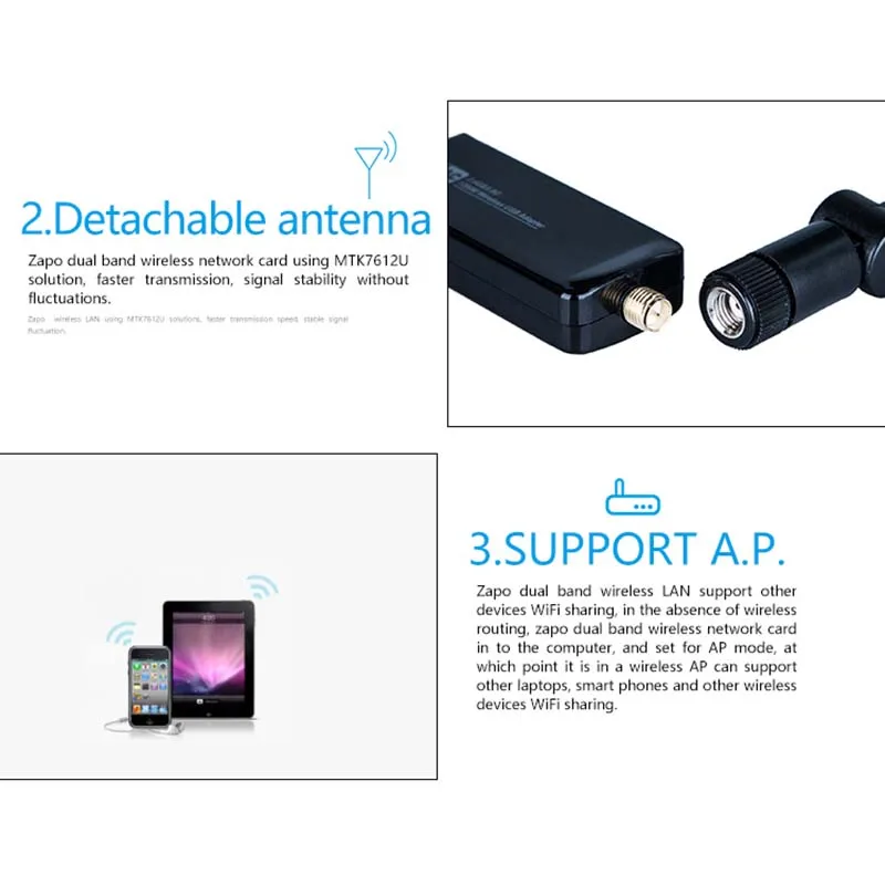 ZAPO Fast 5.8G WIFI 1200M USB 3.0 Двухдиапазонный адаптер Беспроводная сетевая карта с вращающейся антенной для Windows Linux Android