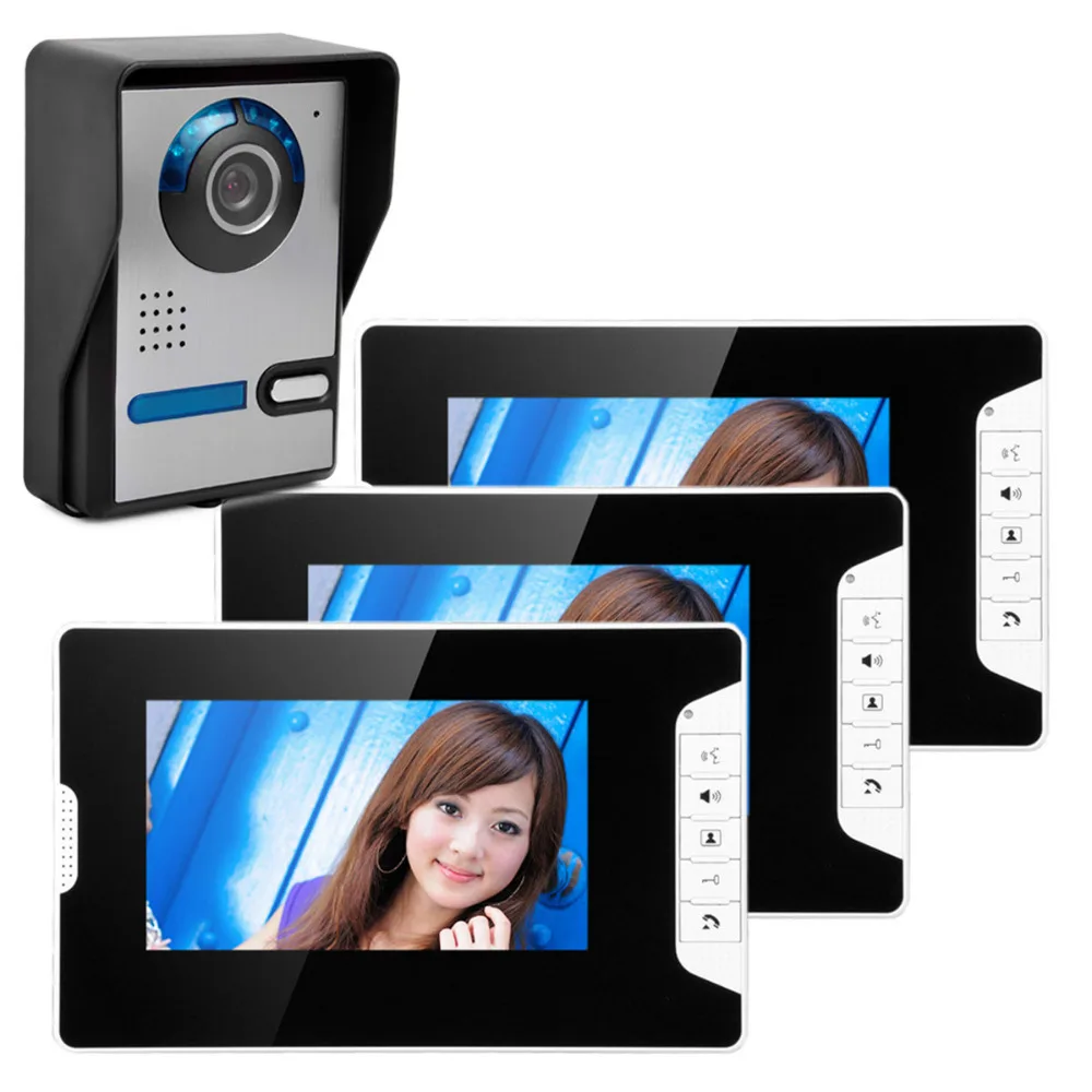 

7 inch TFT LCD Video Door Phone Visual Video Intercom Speakerphone Intercom System +3 Monitor +1 Waterproof Outdoor IR Camera