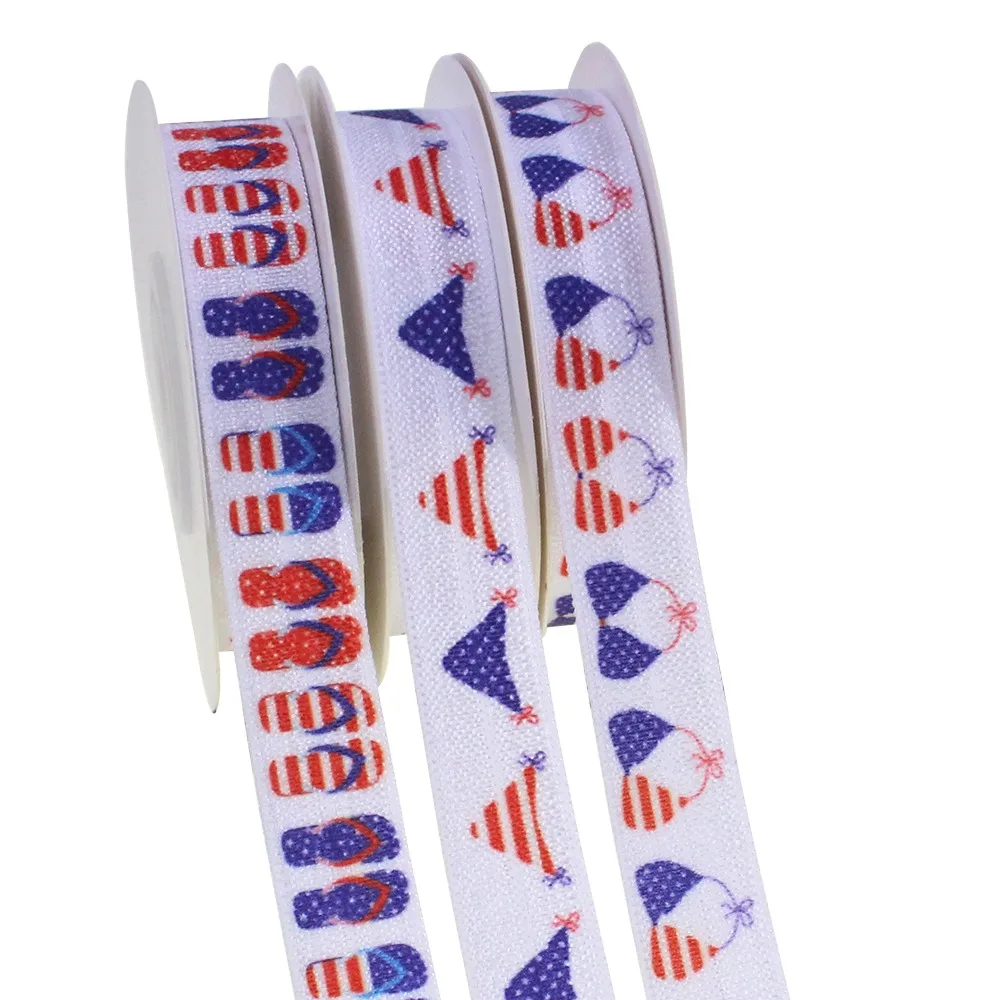 

5/8" 15mm Heat Transfer 4th Of July American Independence Day Printed FOE Fold Over Elastic Ribbon For Ponytail Holder Bracelet