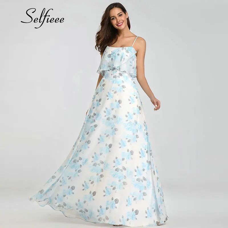 

New Arrival Summer Dress Women 2019 Robe Femme Elegant A Line Spaghetti Strap Dress Floral Print Ruffles Long Maxi Beach Dress