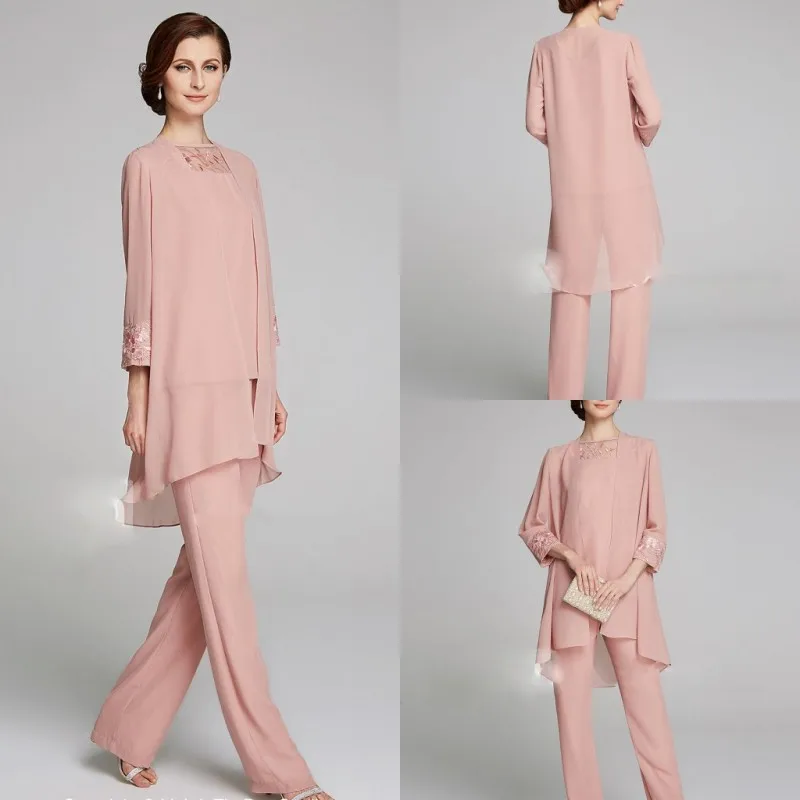 

2019 Pink Mother of the Bride Dresses Chiffon Long Sleeves 3 Pieces Pants Suits Evening Gowns Ankle Length Prom Party Dress