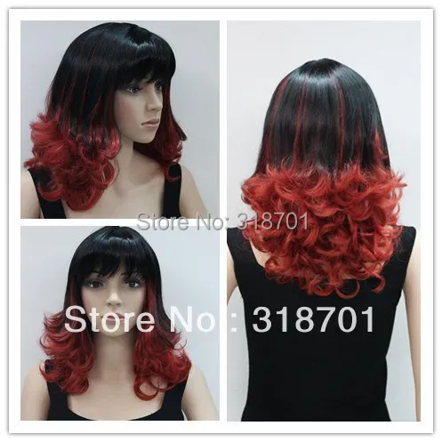 

Free Shipping  Black and red mixed color curly hair party wig.