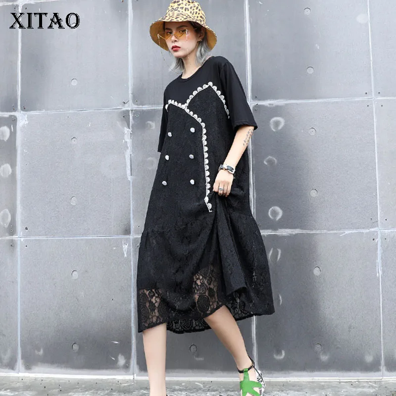 

XITAO Hollow Out Floral Midi Dress Women Clothes 2019 O Neck Beading Casual Pleated Wild Joker Elegant Pullover New XJ1691