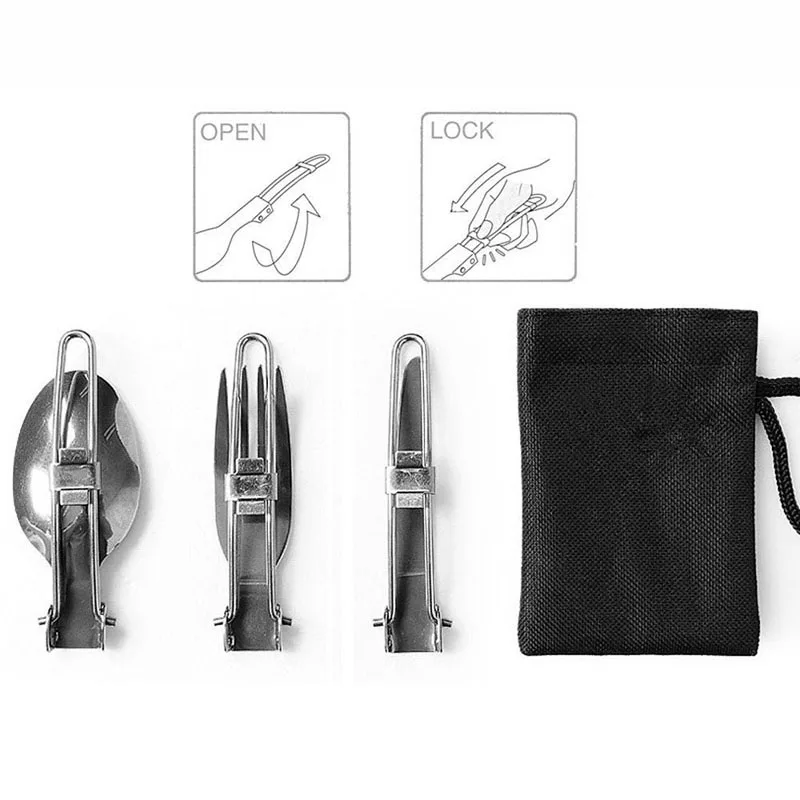 3 unids/set Camping Picnic vajilla de acero inoxidable plegable cuchillo tenedor cuchara Camping senderismo vajilla juegos