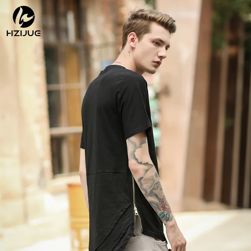 HZIJUE Side Zipper Extended Man Mens Hip Hop Hiphop Swag Long Casual T Shirt Top Tees Justin Bieber Style Clothe Clothing KANYE