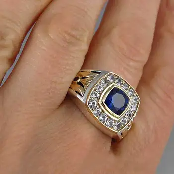 

Huitan Square Men Ring Vintage Blue CZ With Micro Paved Business Style Men Ring Retro Design Wholesale Lots&Bulk With Size 6-10